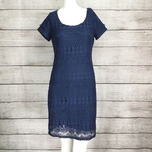 NEW Tiana B Size S Mini Sheath Dress Short Sleeve Lace Overlay Navy Blue $98